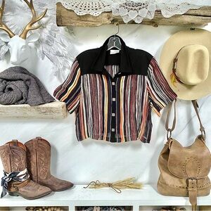 Joseph Ribkoff semi sheer stripe blouse/covet up w retro midcentury YTK vibe